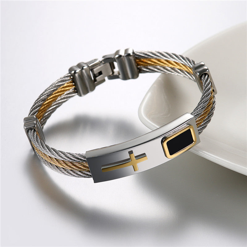 Mens Stainless Steel 14k Gold Silver Cross No Fade Bracelets