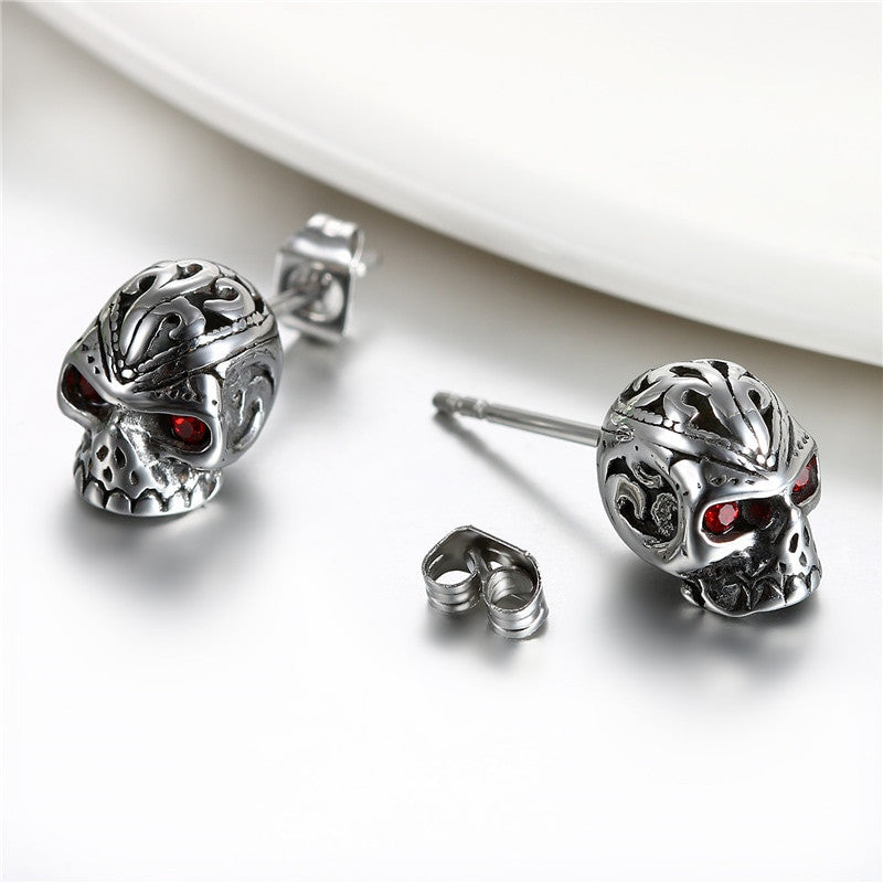 Red Eye Stainless Steel Skull Head Punk Fashion Bling Earrings