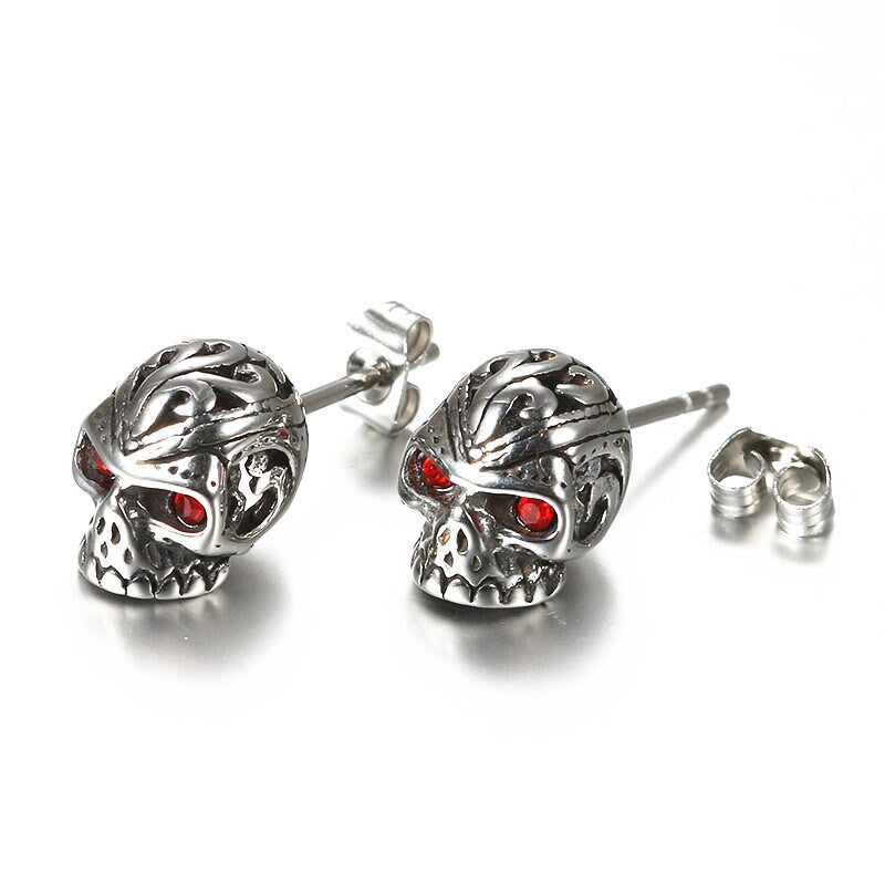 Red Eye Stainless Steel Skull Head Punk Fashion Bling Earrings