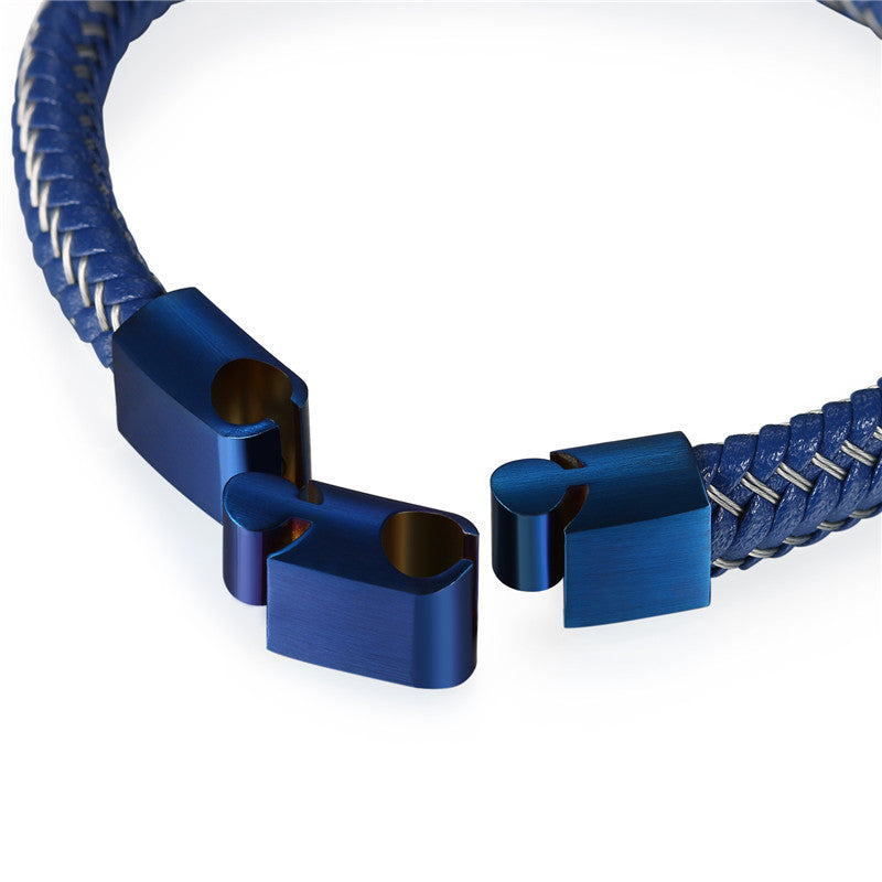 Mens Blue Steel High Fashion Stainless Steel Leather Hip Hop Bracelet