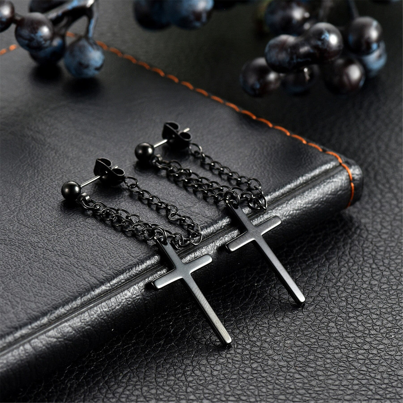 Retro Dangling Stud Cross Gold Black Silver Stainless Steel Chain Earrings