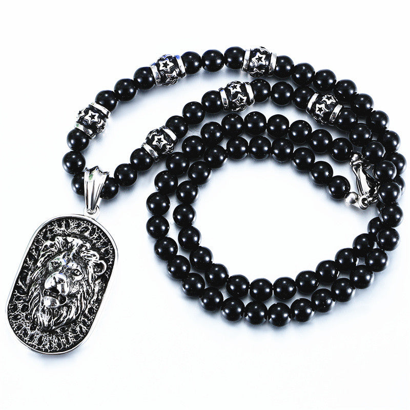 Mens Stainless Steel Beaded Chain Roaring Lion Hip Hop Pendant