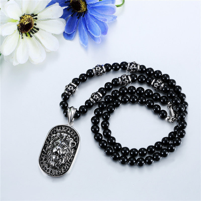 Mens Stainless Steel Beaded Chain Roaring Lion Hip Hop Pendant