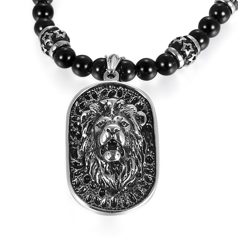 Mens Stainless Steel Beaded Chain Roaring Lion Hip Hop Pendant