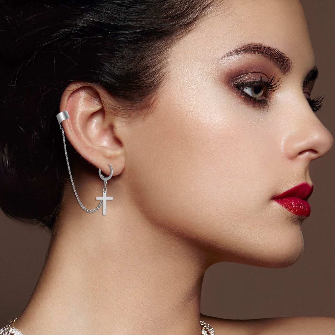 Silver Black Gold Street Wear Punk Rock Cuff Chain Cross Stainless Steel Earrings