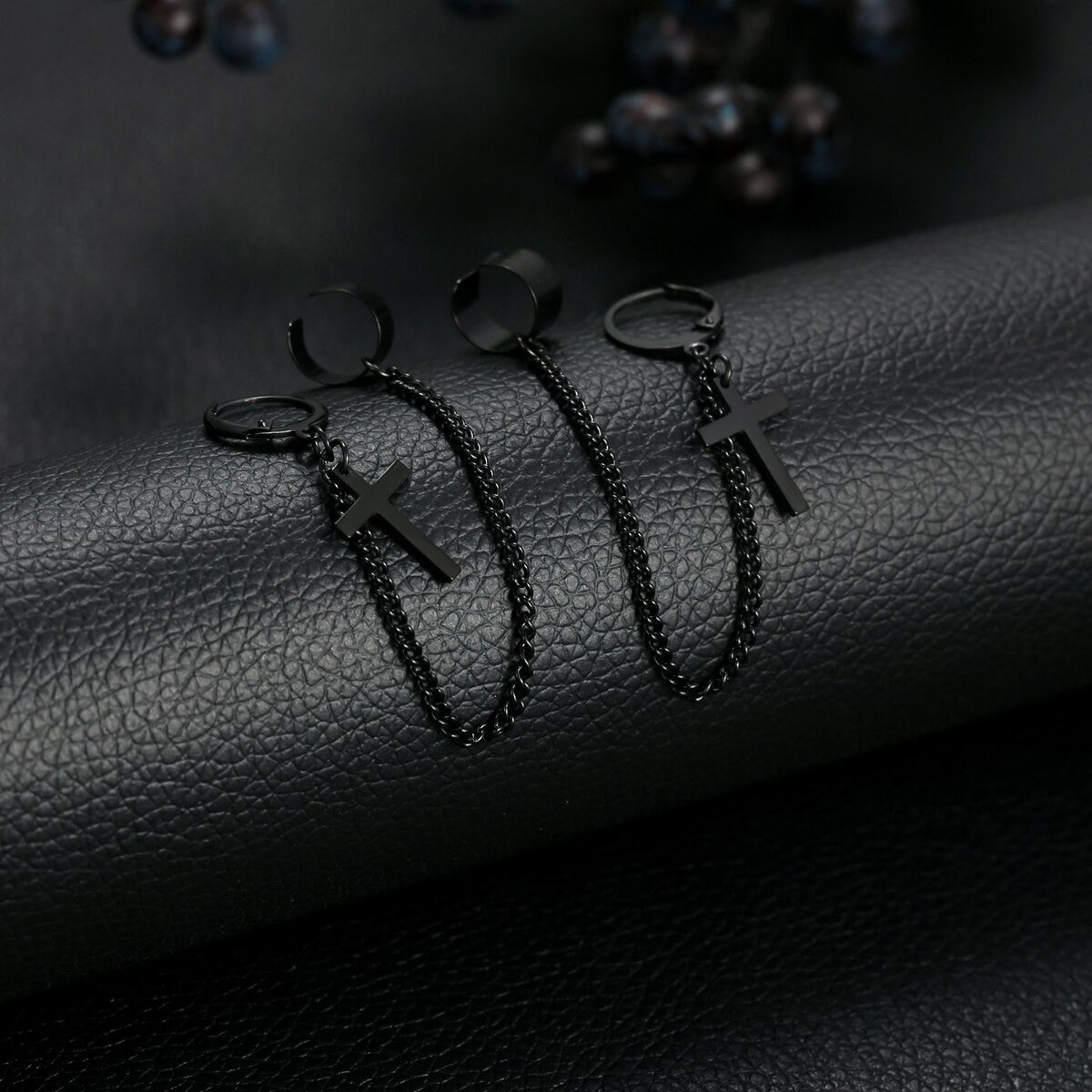 Silver Black Gold Street Wear Punk Rock Cuff Chain Cross Stainless Steel Earrings