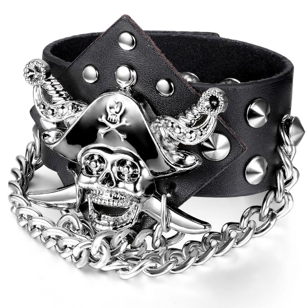 Men's Genuine Leather 14k Gold 925 Silver Rivet Street Rock Pirate Skull Hip Hop Bracelet