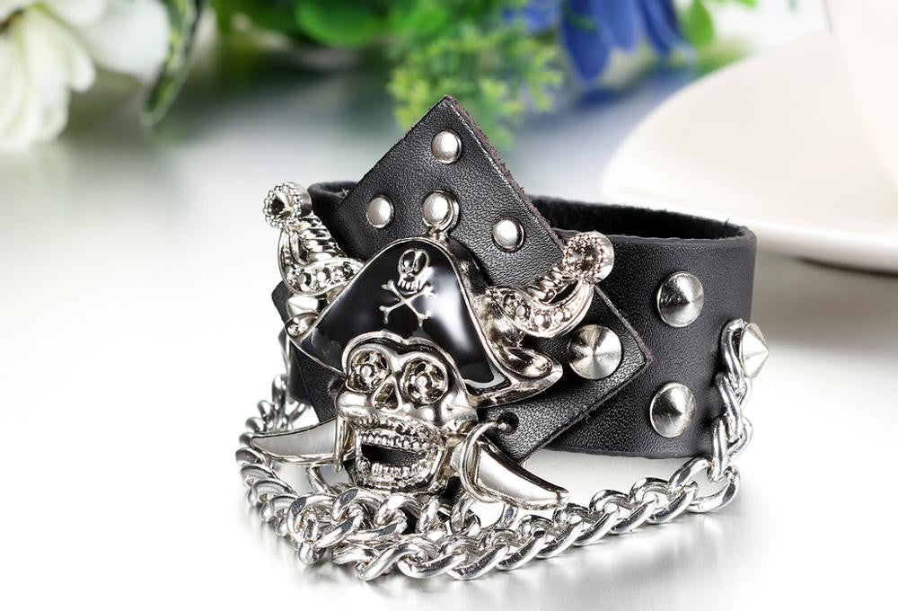 Men's Genuine Leather 14k Gold 925 Silver Rivet Street Rock Pirate Skull Hip Hop Bracelet