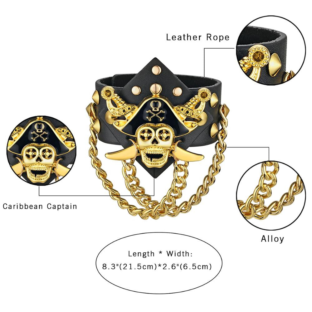 Men's Genuine Leather 14k Gold 925 Silver Rivet Street Rock Pirate Skull Hip Hop Bracelet