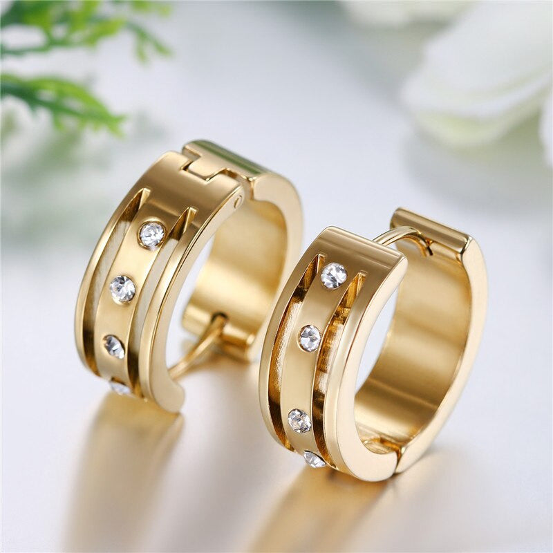 Mens Womens Luxury 14k Gold over No Fade Stainless Steel Cz Stone Street Wear Huggie Bling Earrings