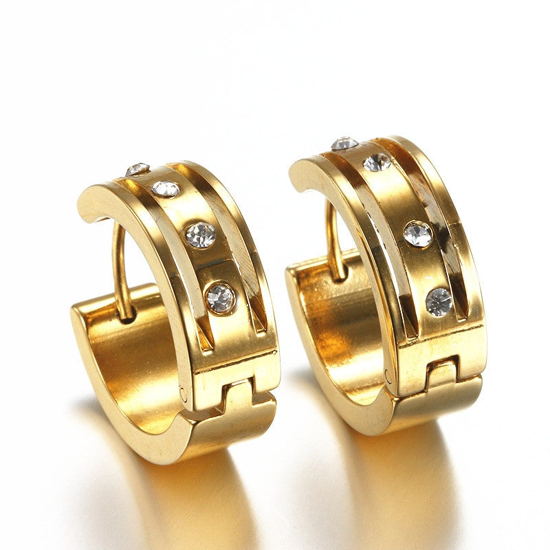 Mens Womens Luxury 14k Gold over No Fade Stainless Steel Cz Stone Street Wear Huggie Bling Earrings