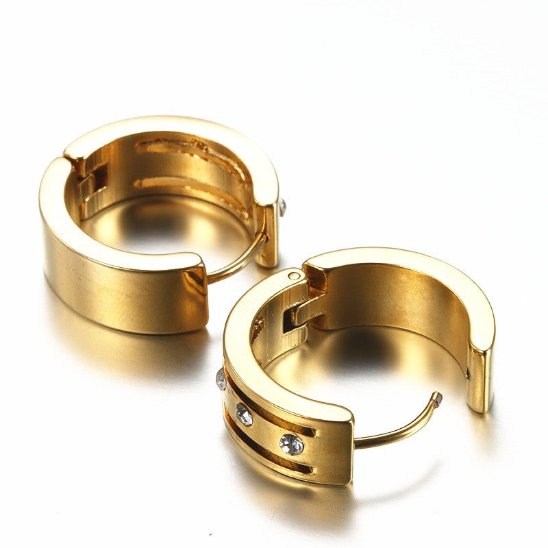 Mens Womens Luxury 14k Gold over No Fade Stainless Steel Cz Stone Street Wear Huggie Bling Earrings