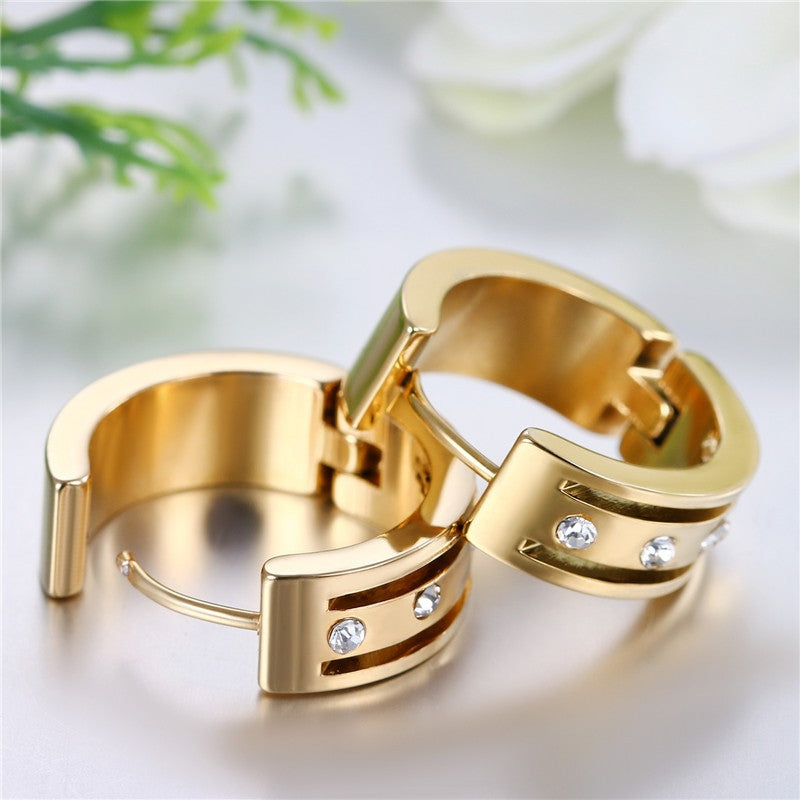 Luxury 14k Gold over No Fade Stainless Steel Cz Stone Street Wear Huggie Bling Earrings
