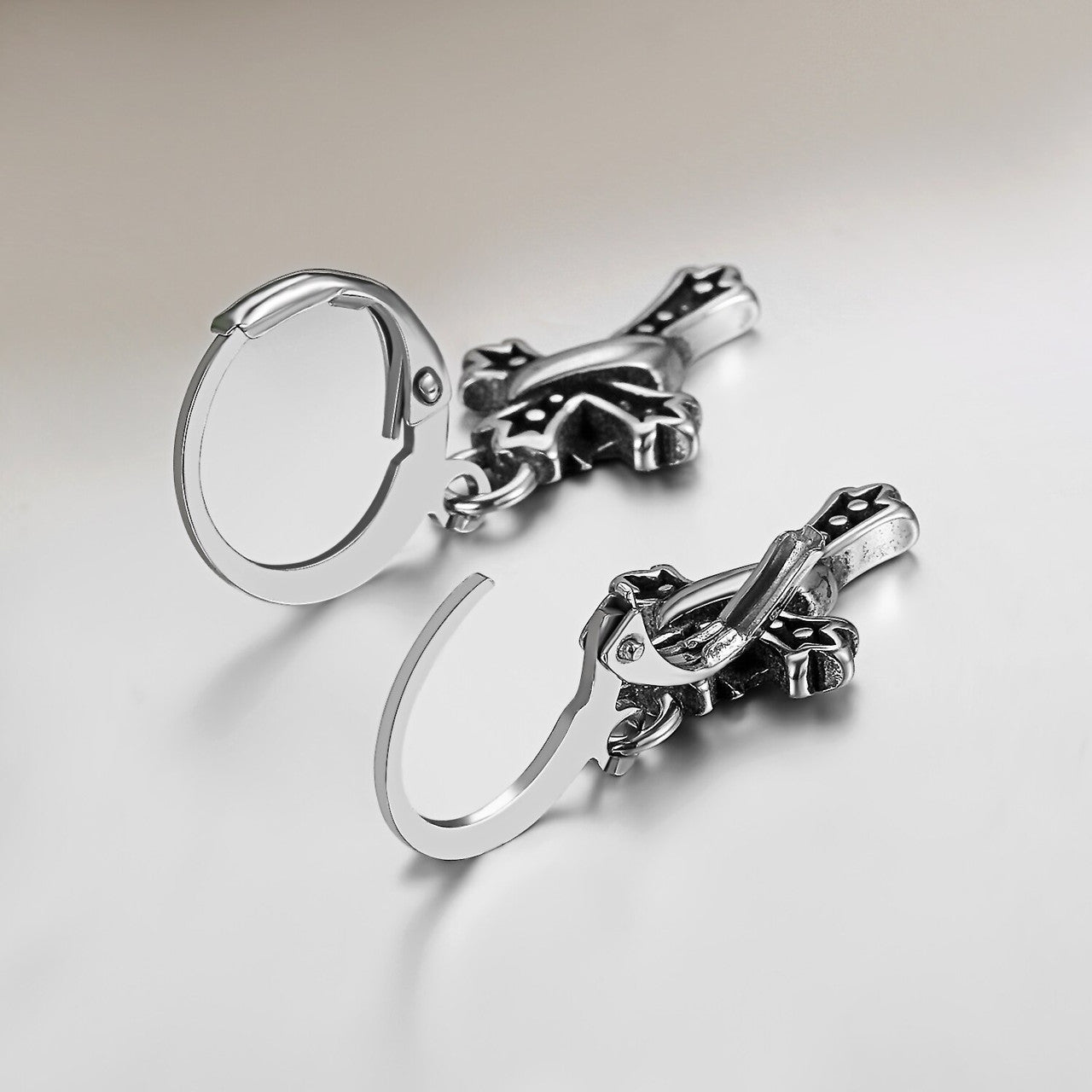 Ribbon Cross Dangle Hoop Huggie Style Stainless Steel Fashion Statement Earrings