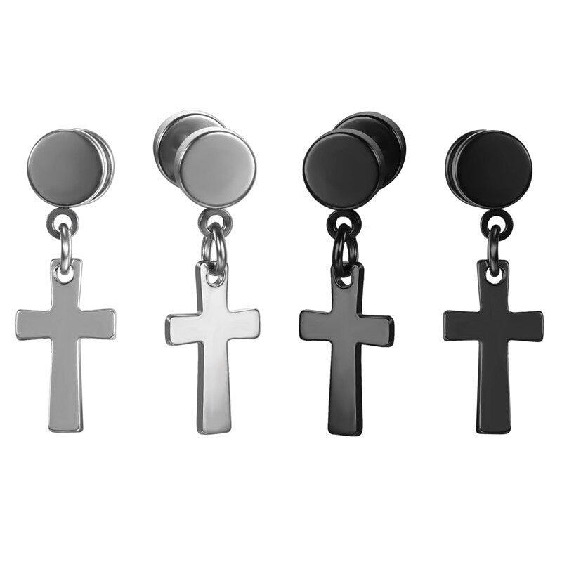 Silver Black over Solid No Tarnish Stainless Steel Cross Screw Back Dangle Earrings