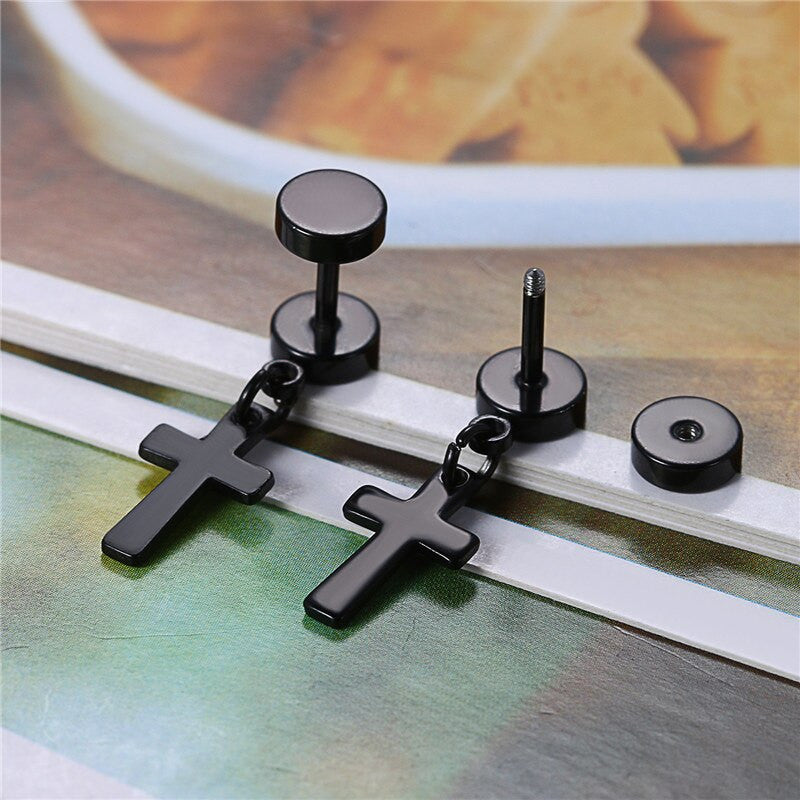 Silver Black over Solid No Tarnish Stainless Steel Cross Screw Back Dangle Earrings