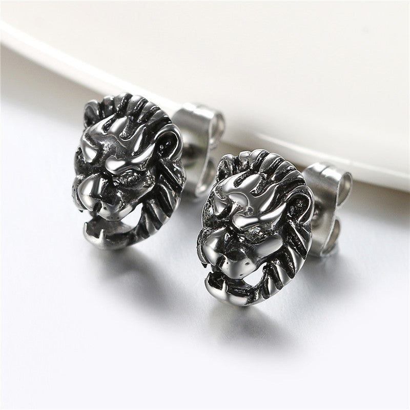 Mens Alpha Man Vintage Wild Animal Lion No Fade Stainless Steel Stud Earrings