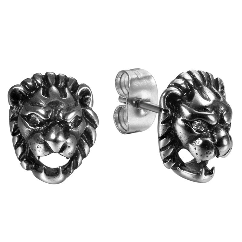 Mens Alpha Man Vintage Wild Animal Lion No Fade Stainless Steel Stud Earrings