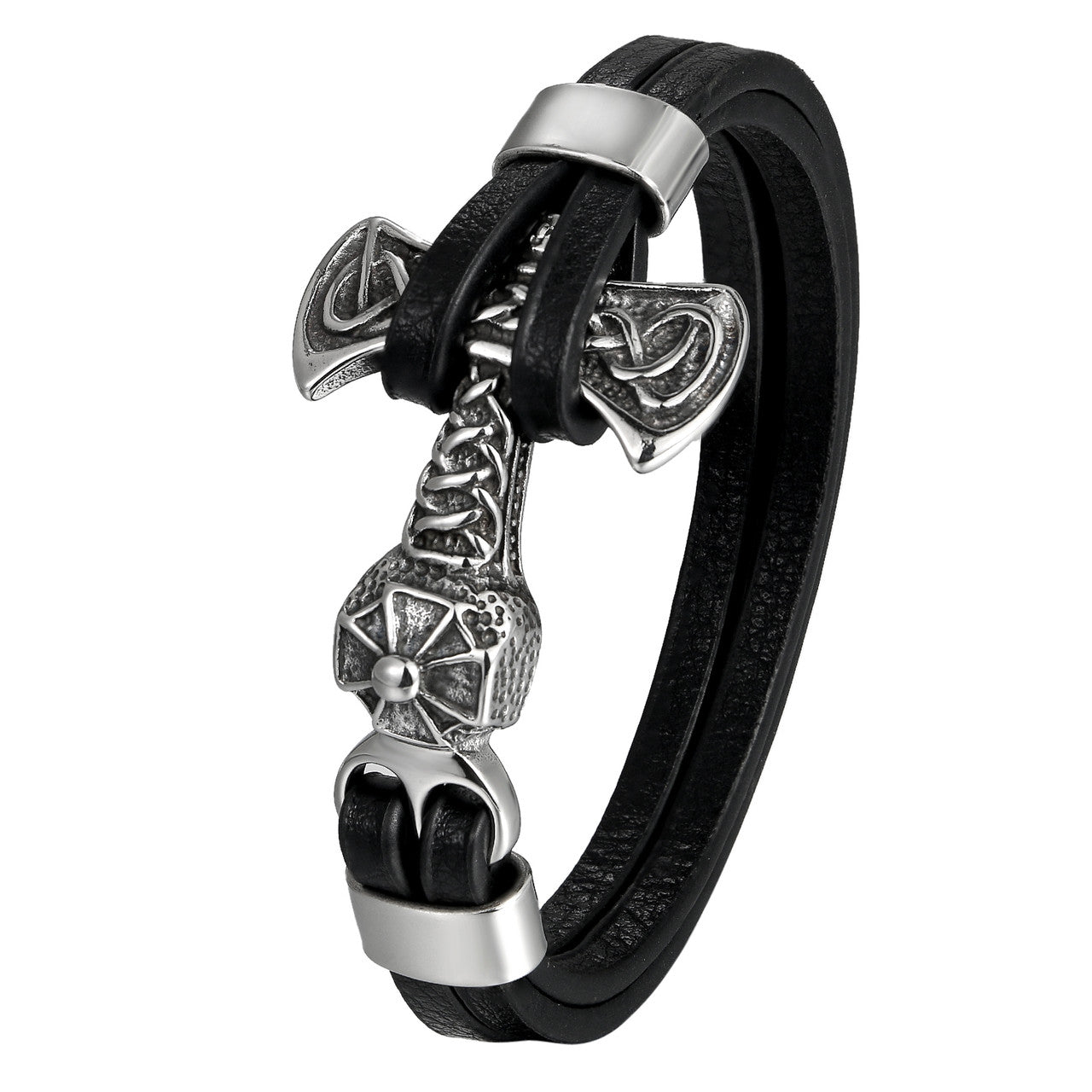 Mens Leather No Fade Stainless Steel Wolf Head Thors Hammer Bracelets