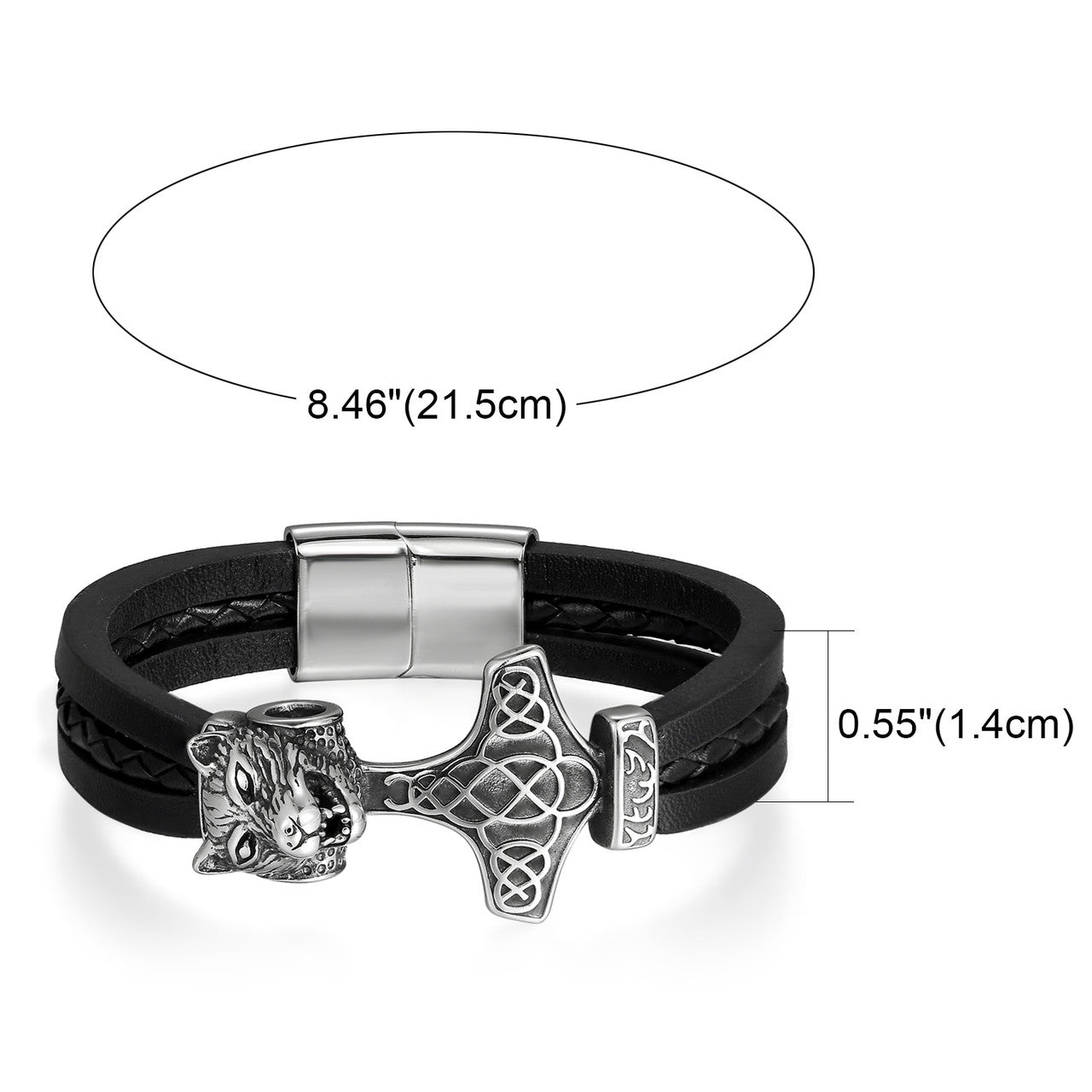 Mens Leather No Fade Stainless Steel Wolf Head Thors Hammer Bracelets