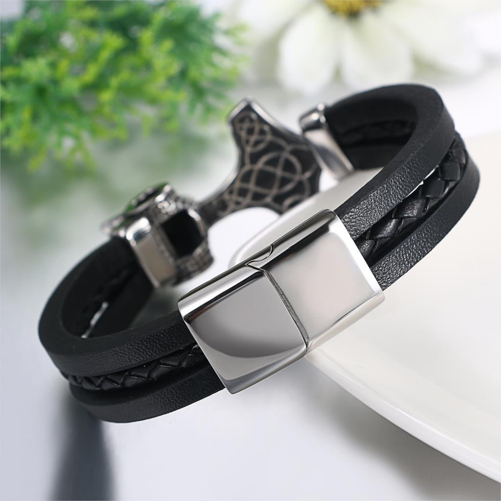 Mens Leather No Fade Stainless Steel Wolf Head Thors Hammer Bracelets