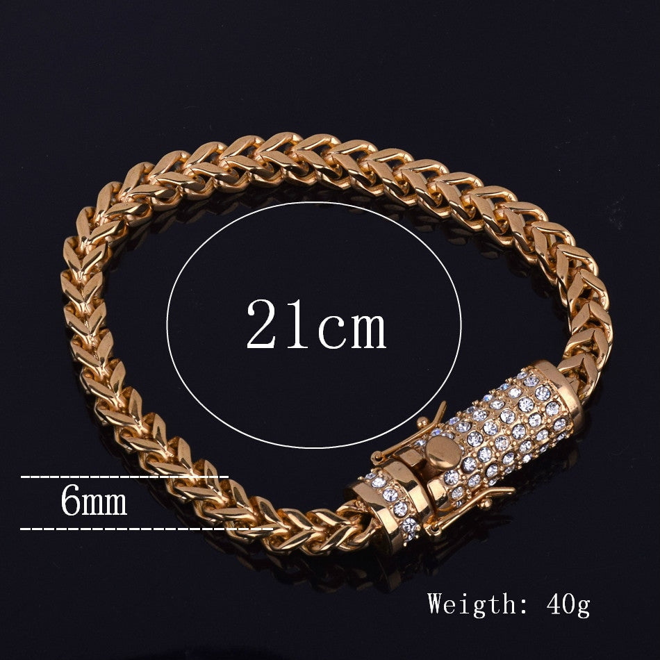 14k Gold Box Clasp Simulated Diamond Fox Franco Link Stainless Steel Bracelet