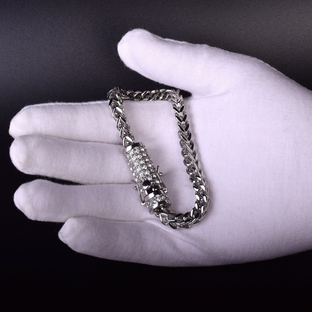 14k Gold Box Clasp Simulated Diamond Fox Franco Link Stainless Steel Bracelet