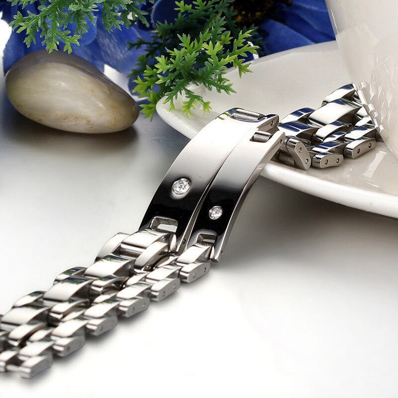 Couples Magnetic Fashion No Fade Silver Stainless Steel Bling Bling Bracelets