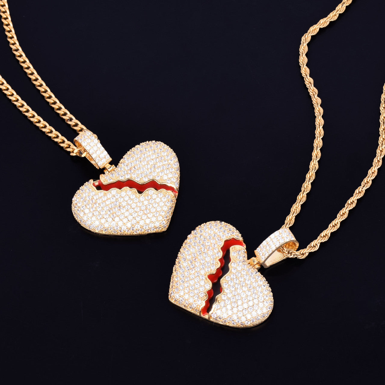 Broken Heart .925 Silver 18k Gold Red Oil Bling Pendant Chain Necklace