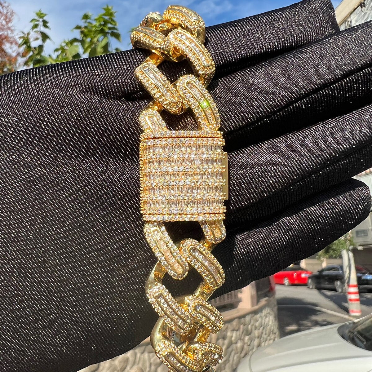 Mens Flooded Ice 24k Gold Baguette Stones Miami Cuban Link Bling Iced Bracelets