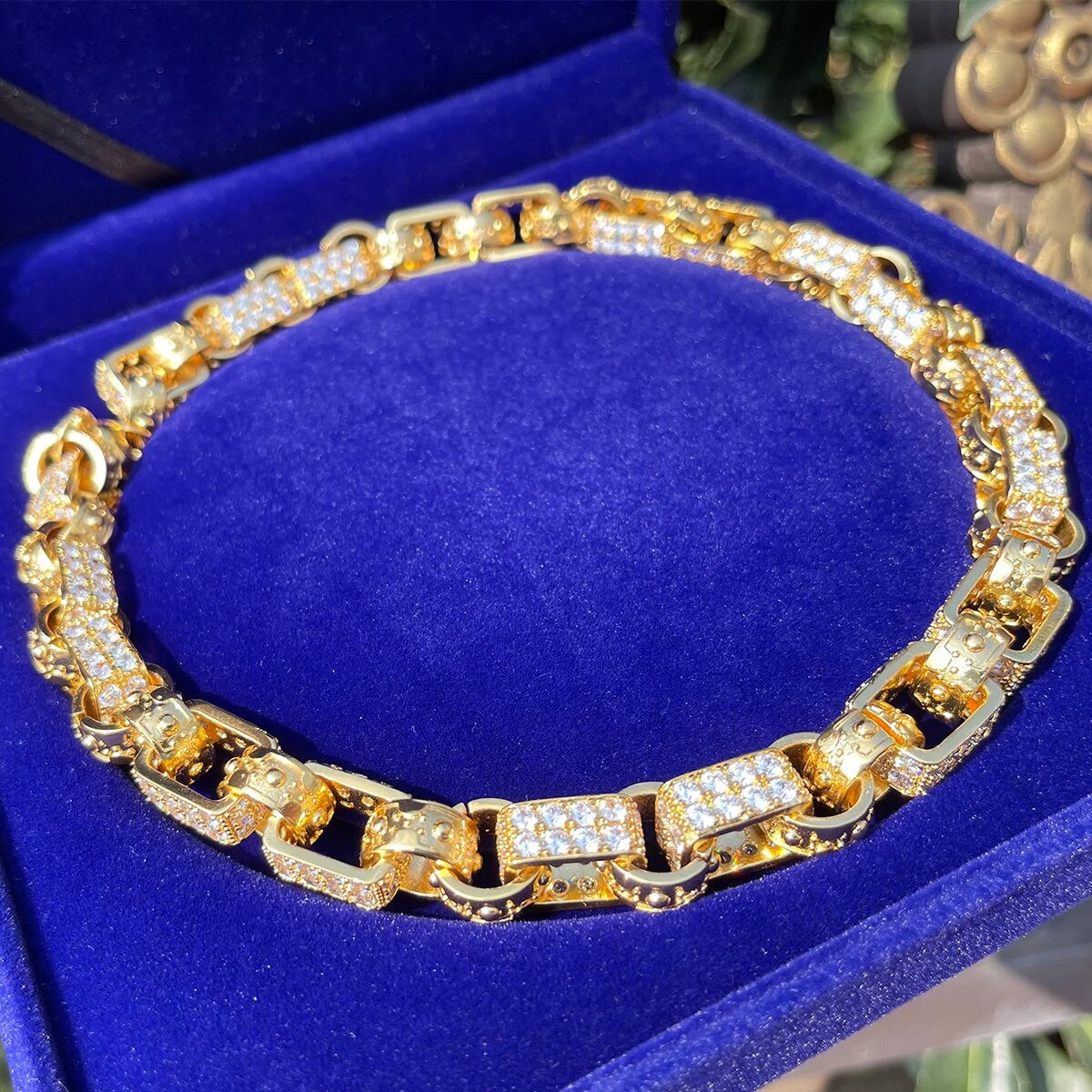 Mens 14mm 24k 925 Silver Rose Gold Box Link Hip Hop Chain Necklace