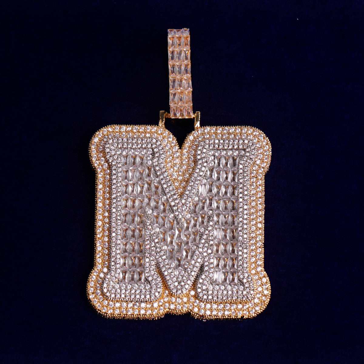 Mens Iced Single Initial Letters A-Z Baguette Hip Hop Pendant Chain Necklace
