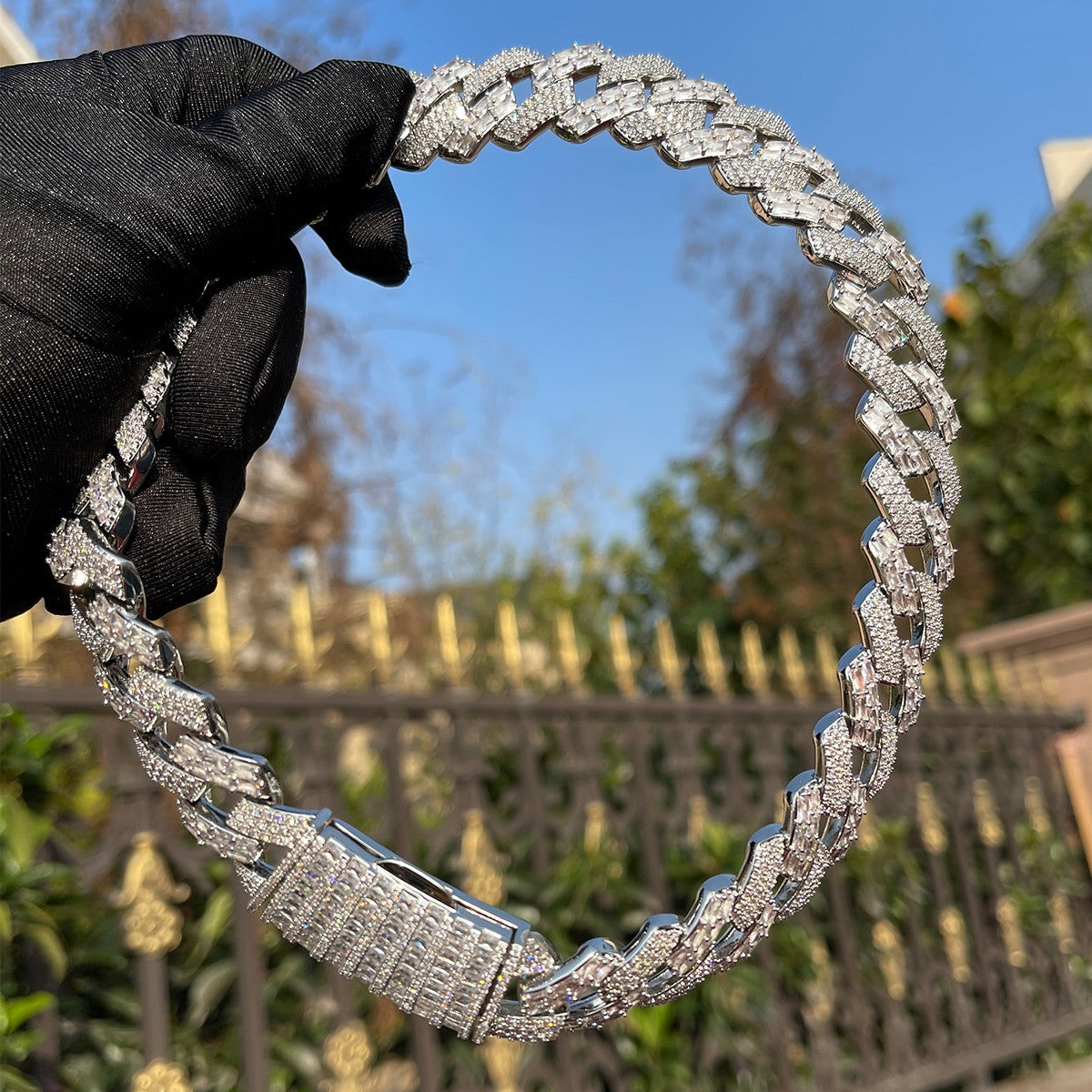 Mens All Baguette 20mm Hip Hop Silver 24k Gold Rose Gold Blinged Out Chain Necklace