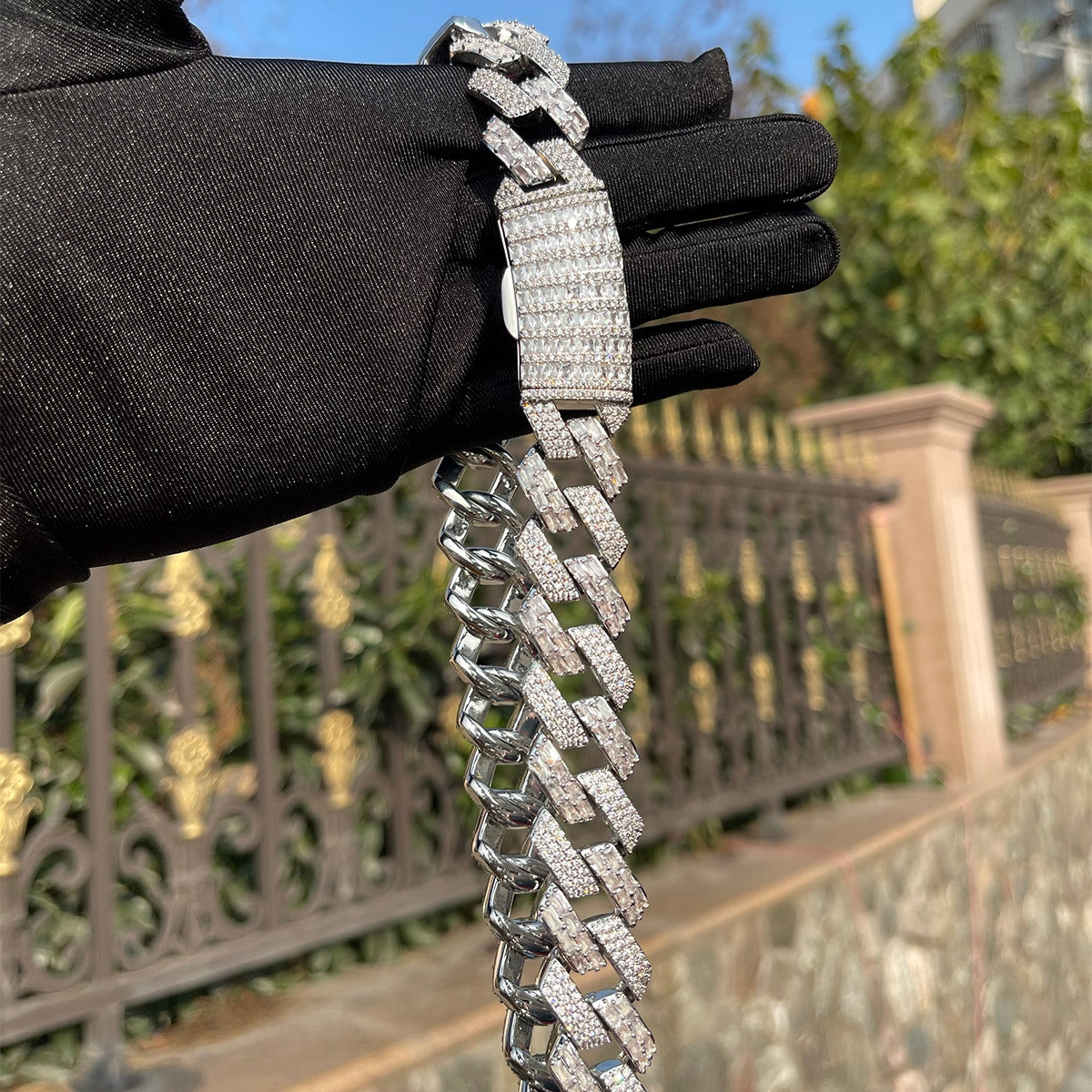 Mens All Baguette 20mm Hip Hop Silver 24k Gold Rose Gold Blinged Out Chain Necklace