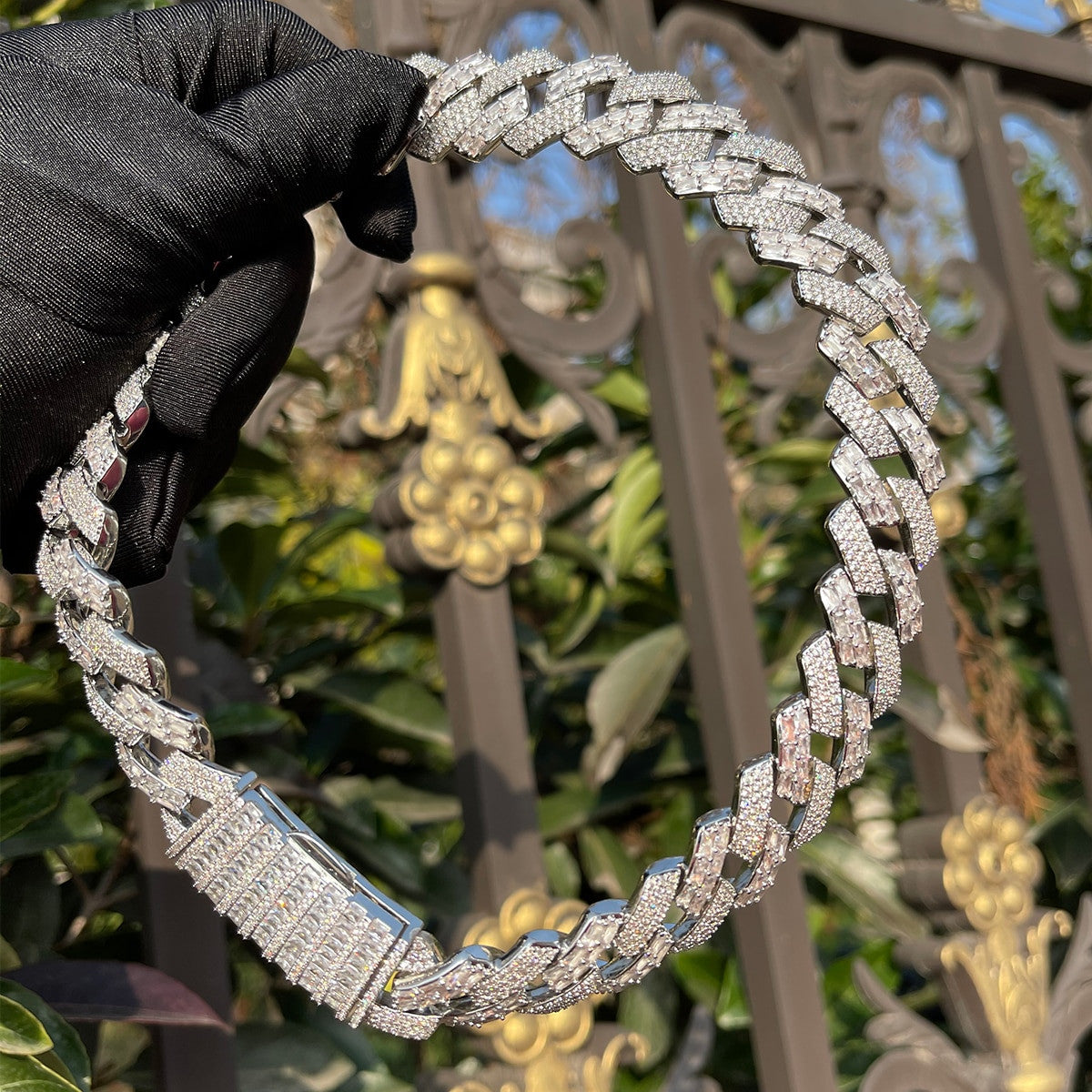 Mens All Baguette 20mm Hip Hop Silver 24k Gold Rose Gold Blinged Out Chain Necklace