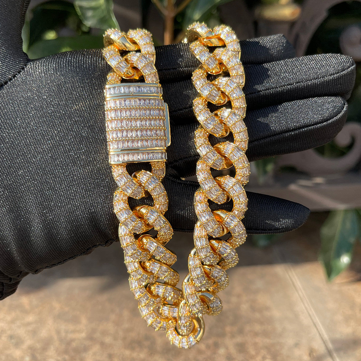 Baguette Cascade | 24k Gold 925 Flooded Ice Prong Set Cuban Link Chain