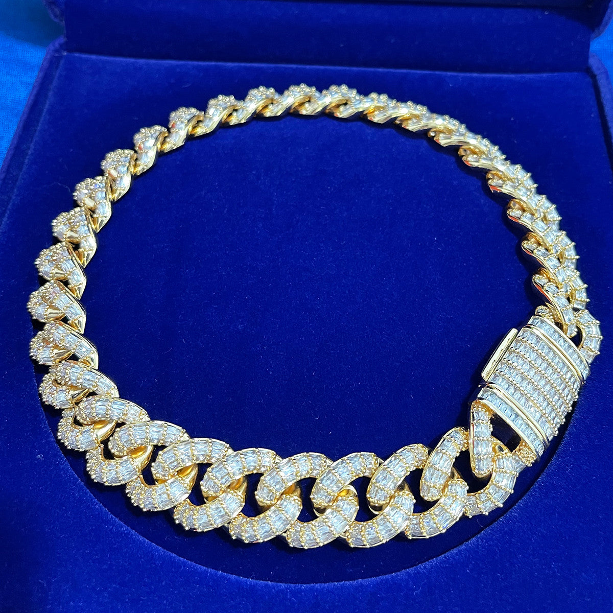 Mens 2k 925 Flooded Ice All Baguette Prong Setting Choker Style Cuban Link Chain