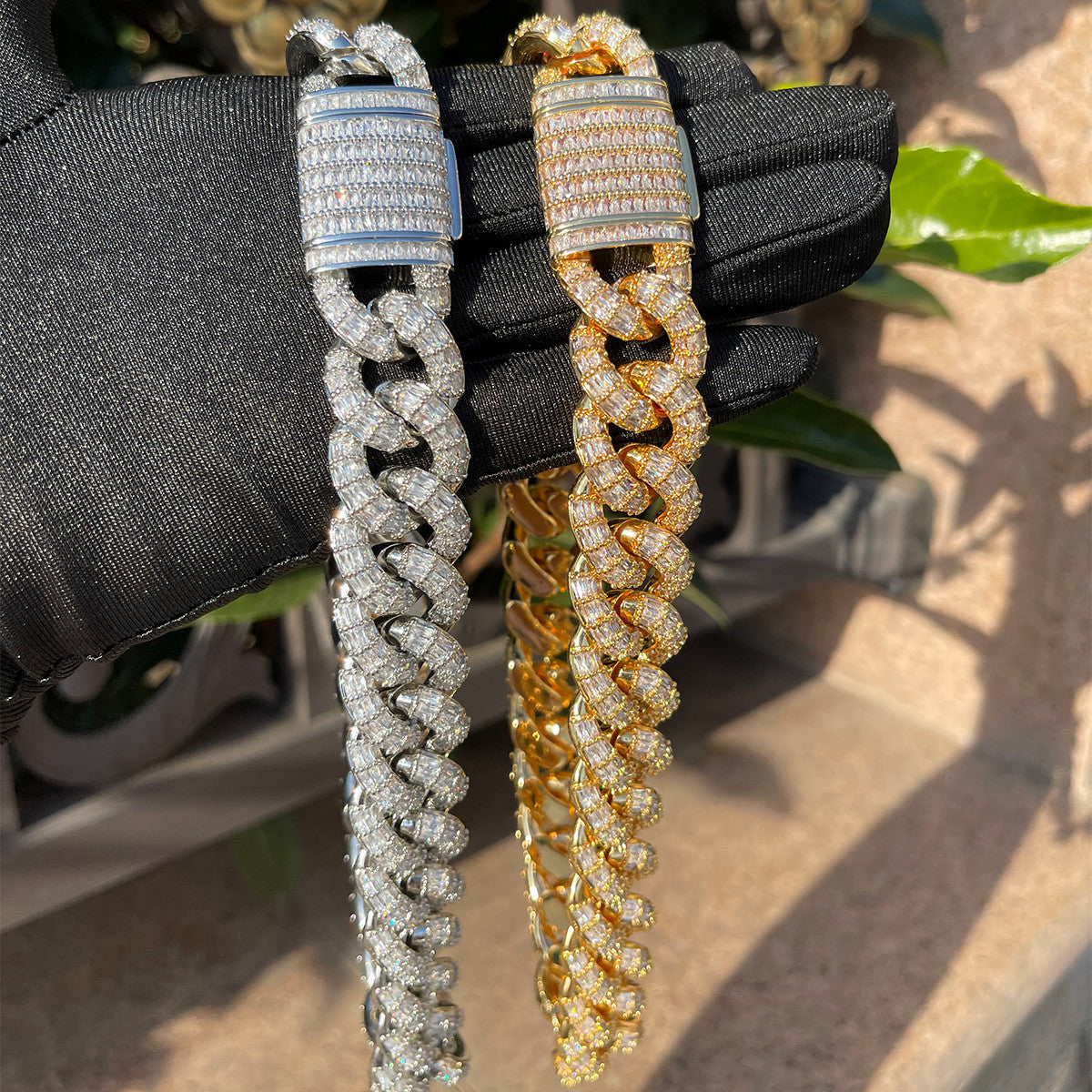Baguette Cascade | 24k Gold 925 Flooded Ice Prong Set Cuban Link Chain