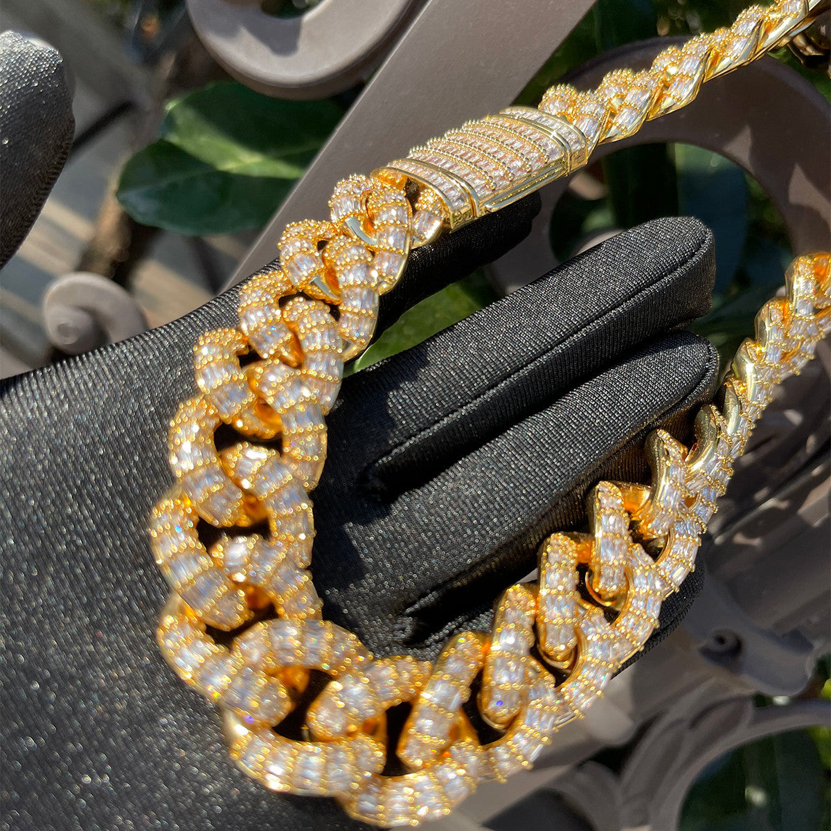 Baguette Cascade | 24k Gold 925 Flooded Ice Prong Set Cuban Link Chain