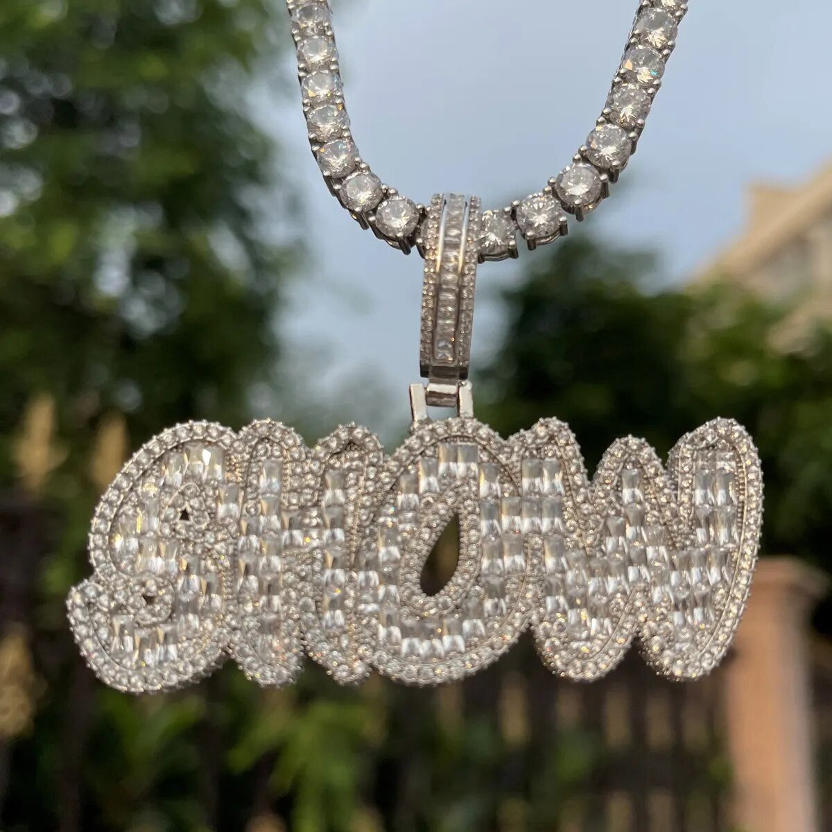 Flooded Ice Baguette Custom Name Plate 925 Silver 24k Gold Personalized Pendant