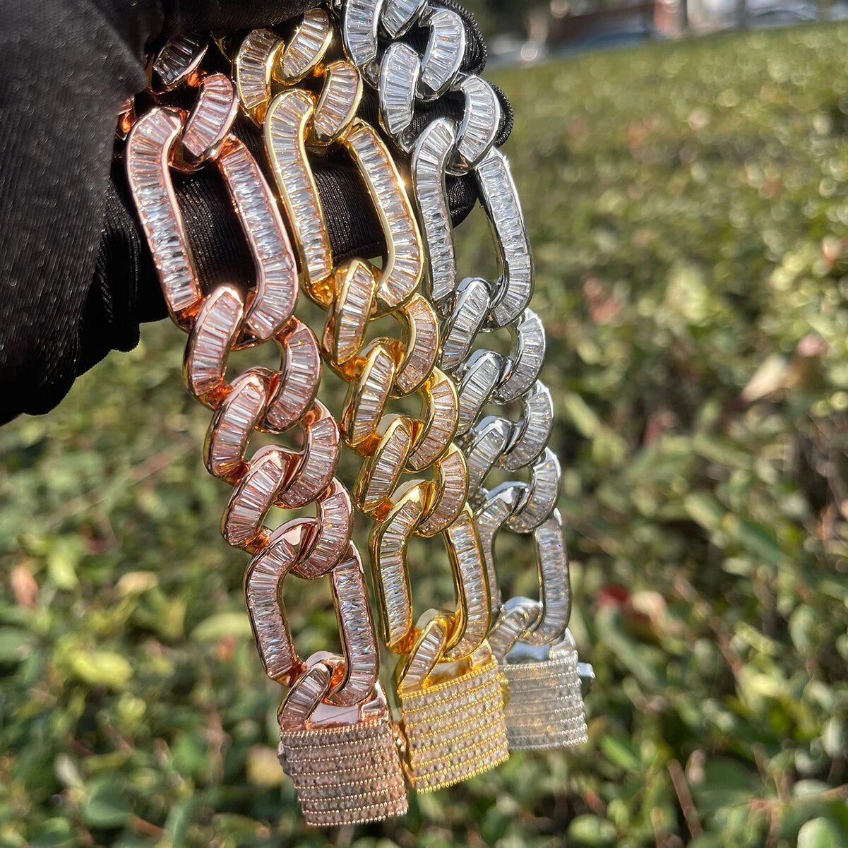 Mens 20mm 24k Gold 925 Silver All Baguette Figaro Hip Hop Bracelet