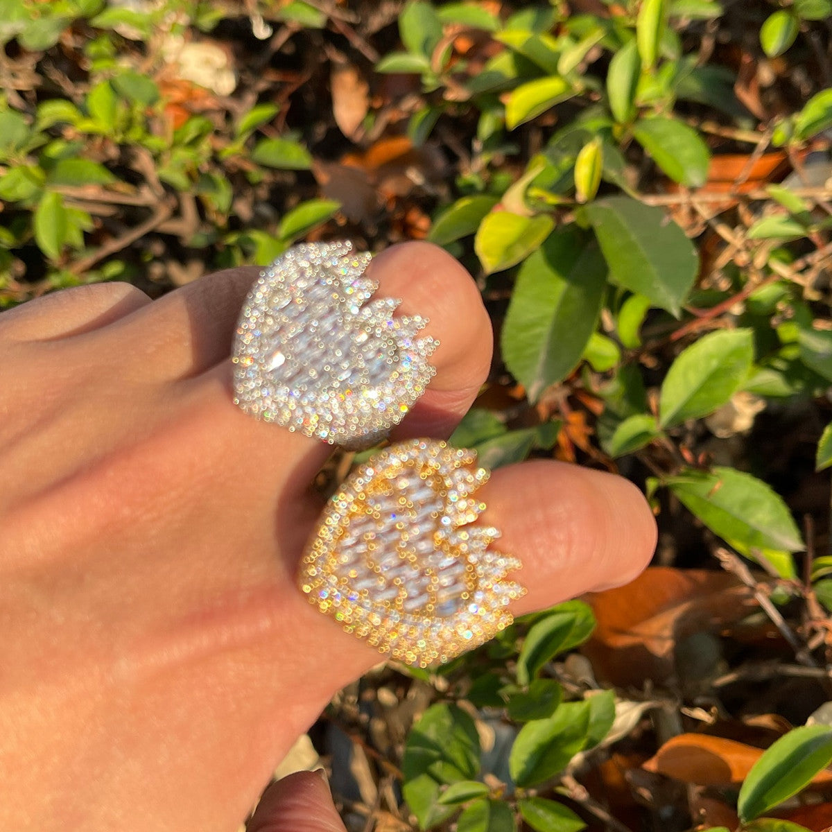 24k 925 Silver Rose Gold Baguette Flaming Heart On Fire Casual Street Wear Rings