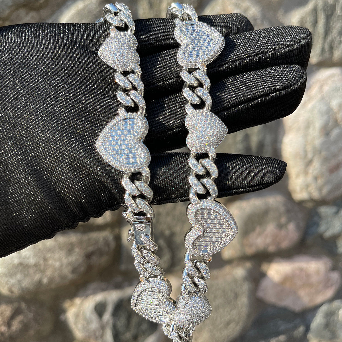 Ladies 24k Gold 925 Silver Iced Big Heart Cuban Link Choker Chain Necklace