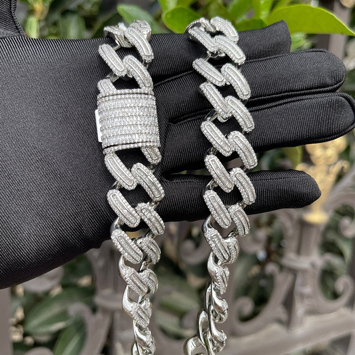 Rose Gold Iced Miami Cuban Link Hip Hop Street Wear Baguette Chain Necklaces