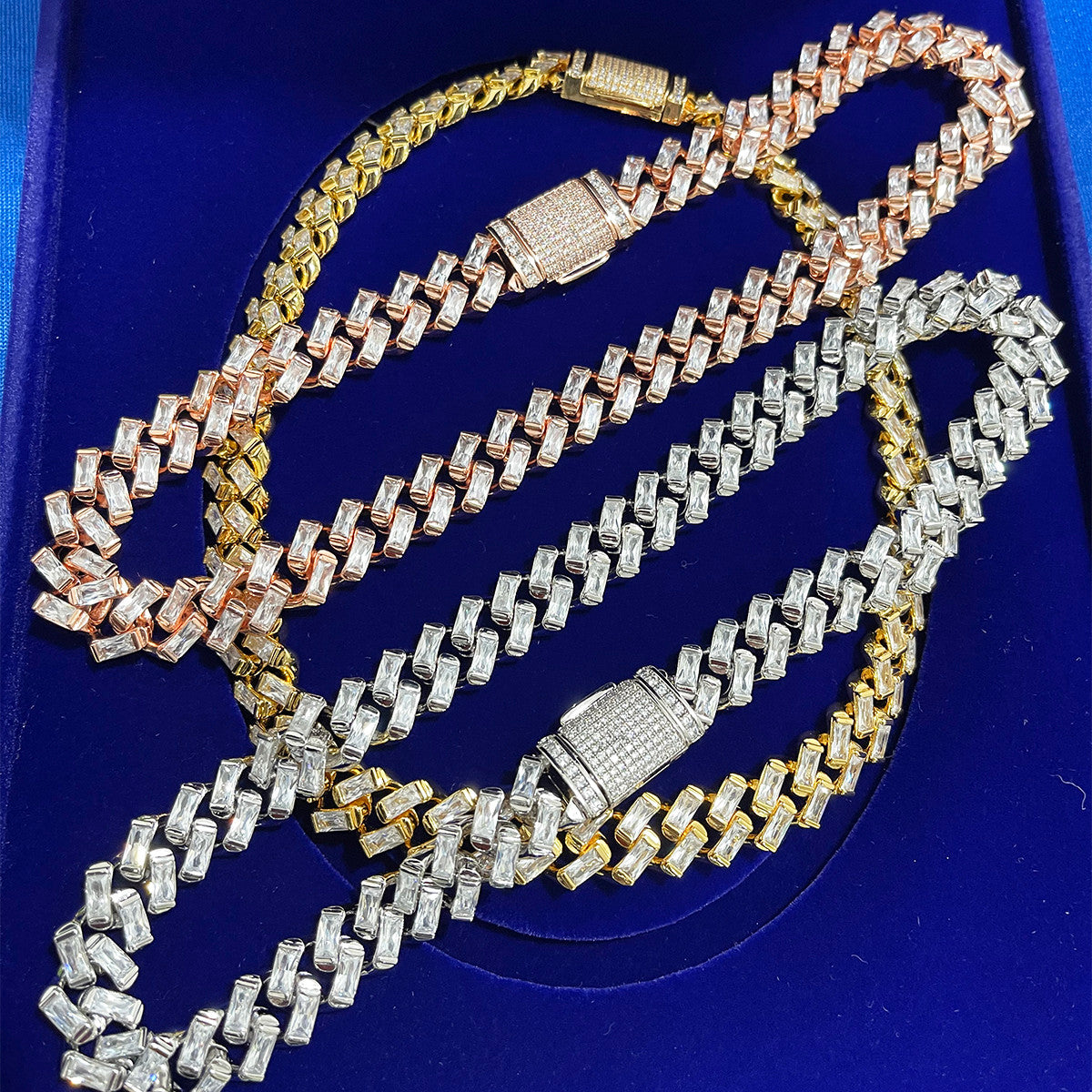Iced Gold Silver Rose Baguette Hip Hop Miami Cuban Link Chain Necklace
