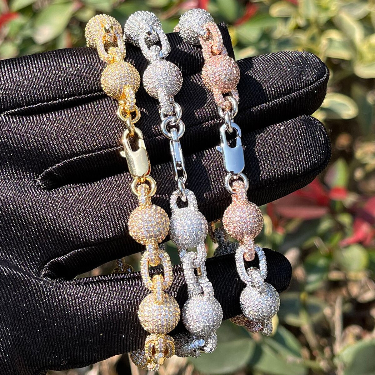 Ball N Chain Flooded Ice Gold Silver Rose Hip Hop Simulate Diamond Pave Bracelets