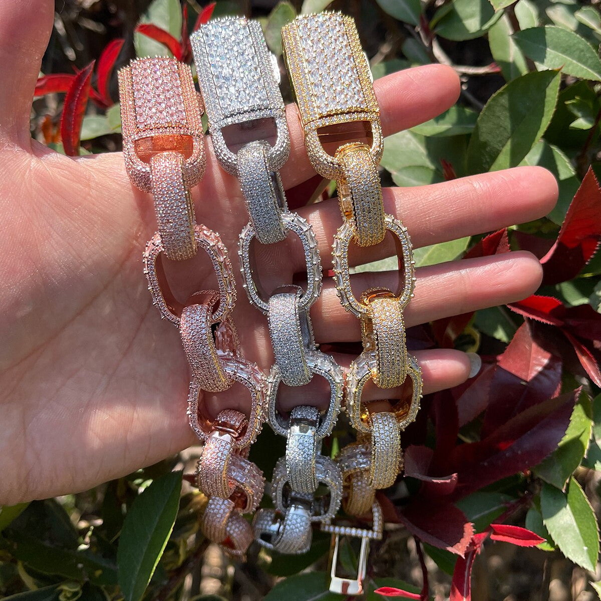 Flooded Ice Gold Silver Rose Baguette Rolo Link Iced Clasp Hip Hop Bracelets