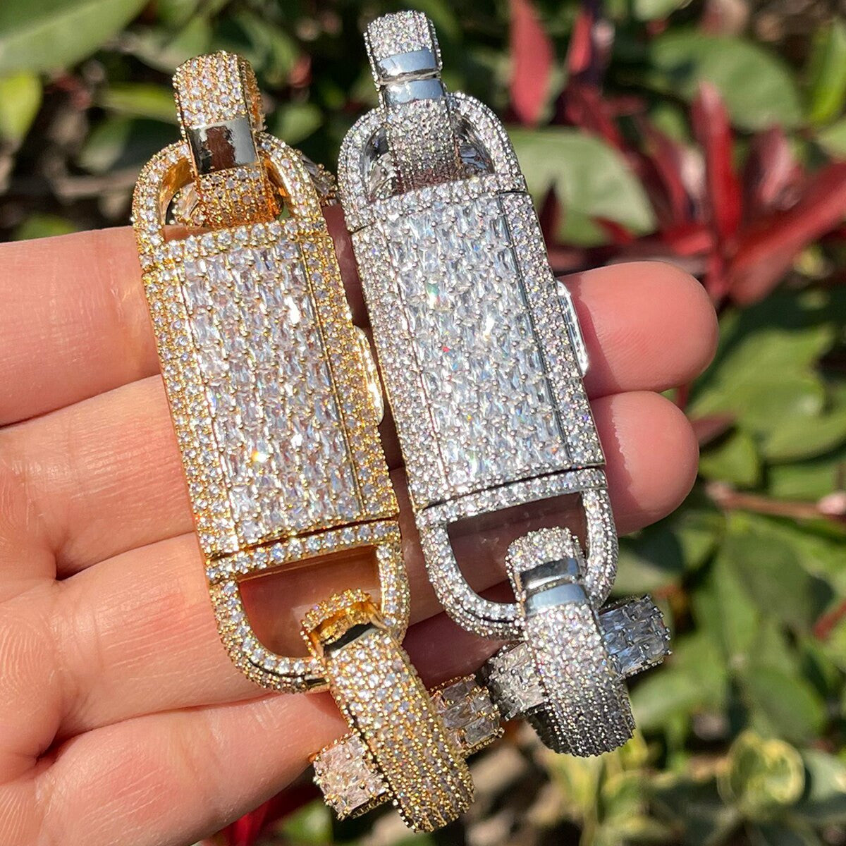 Flooded Ice Gold Silver Rose Baguette Rolo Link Iced Clasp Hip Hop Bracelets