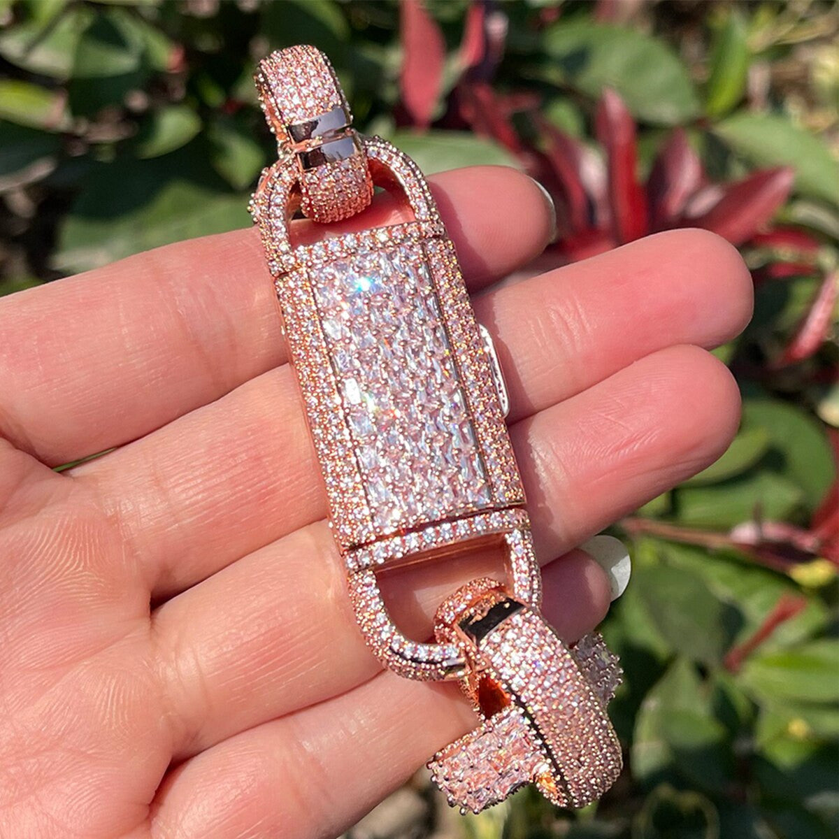 Flooded Ice Gold Silver Rose Baguette Rolo Link Iced Clasp Hip Hop Bracelets