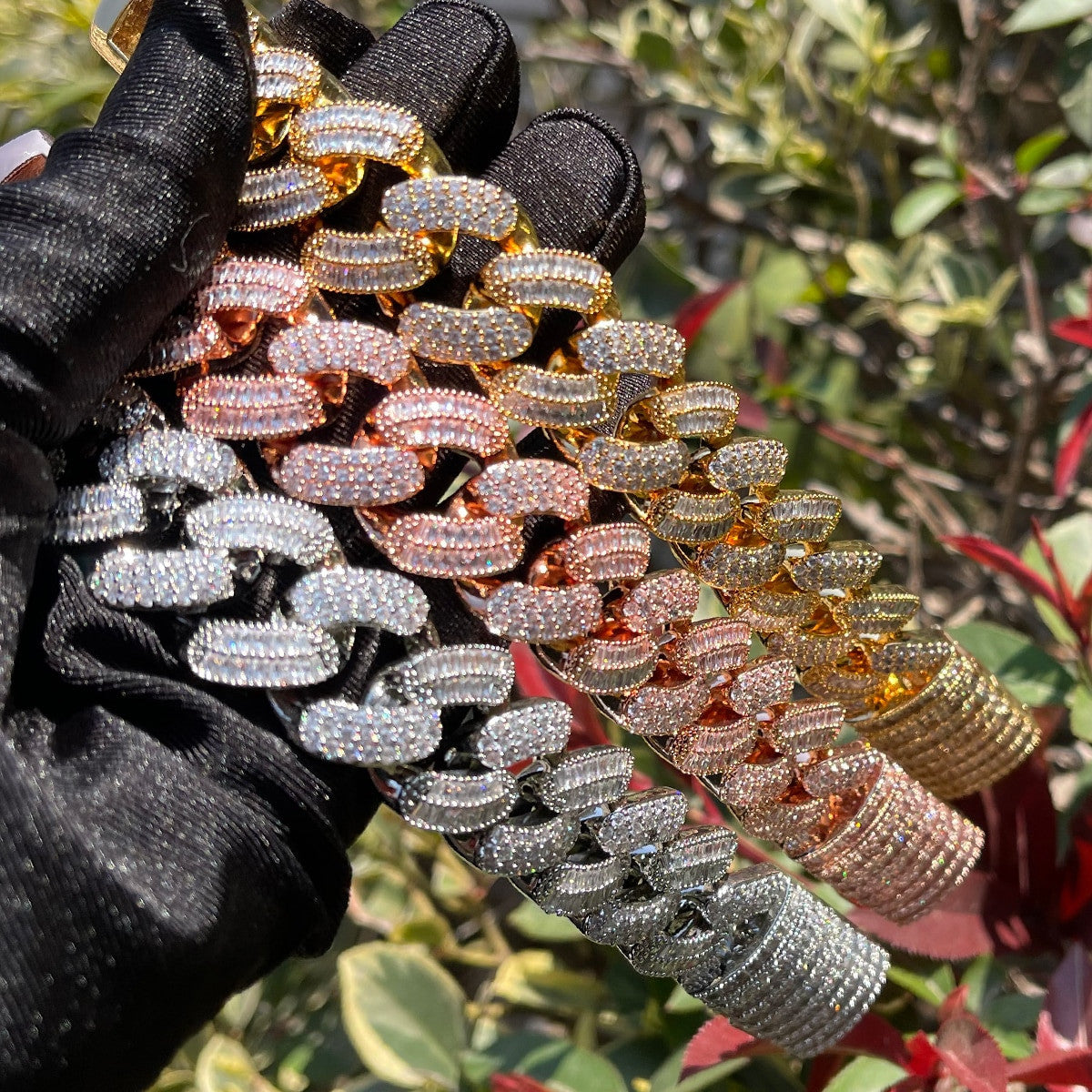 24k Gold Silver Rose 5A Flooded Ice Miami Cuban Link Prong Set Hip Hop Chain Bracelets